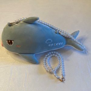 Peitten Whale Stuffed Animal Purse with Pearl Strap